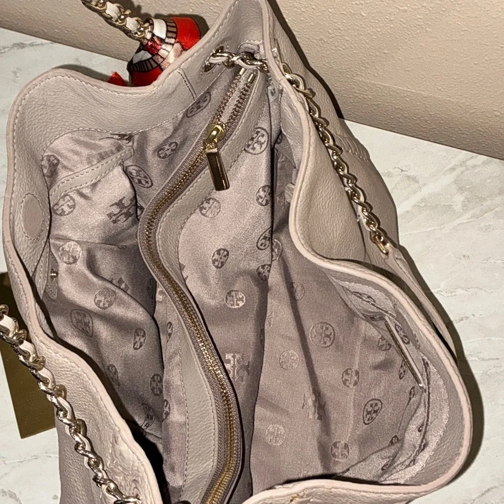 Tory Burch Marion Slouchy Pebble Leather Bag with Chain Straps & Bag Scarf